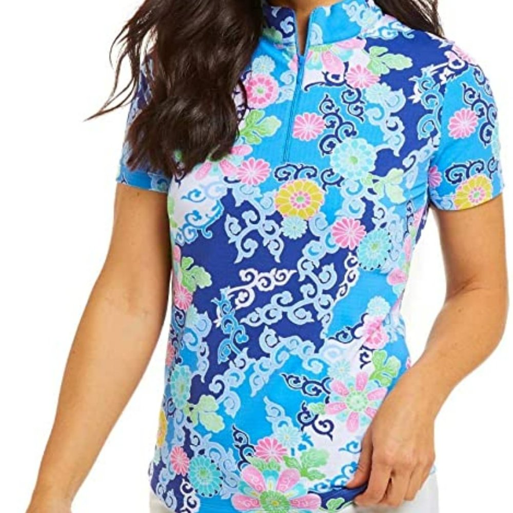 IBKUL Gia Mock Neck Zip Top Short Sleeve Shirt Blue Multi XS UPF 50 Golf
